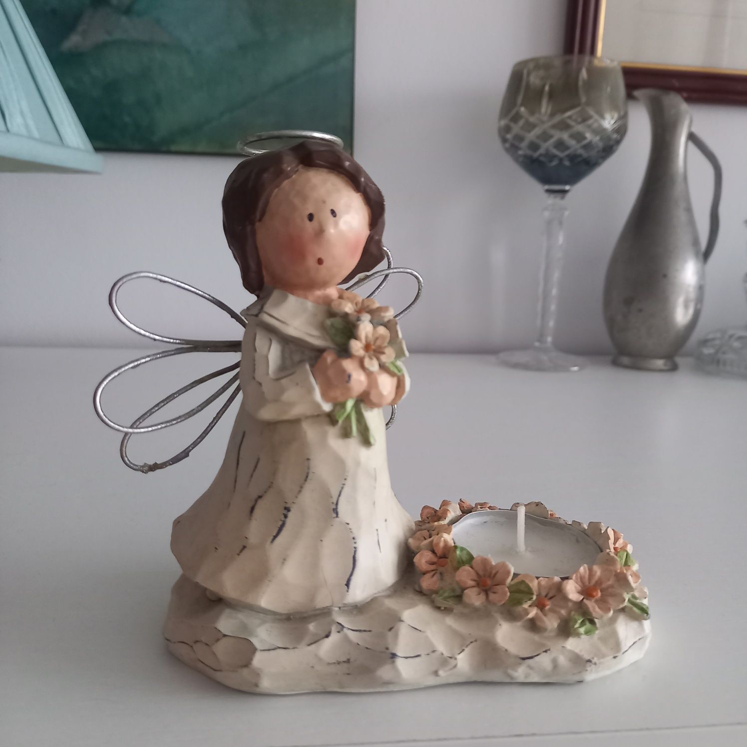 Anioł i świecznik na tealight figurka ceramiczna vintage aniołek