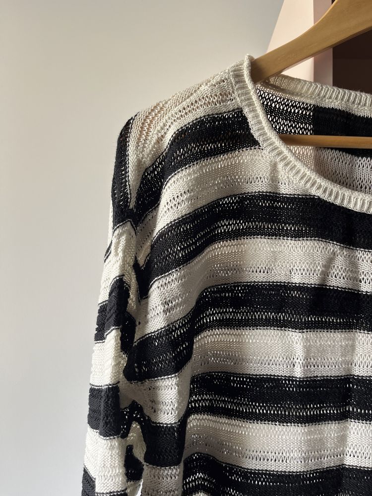 Sweter paski czarno-biały ażur bawełna ramia Camaieu lato oversize M