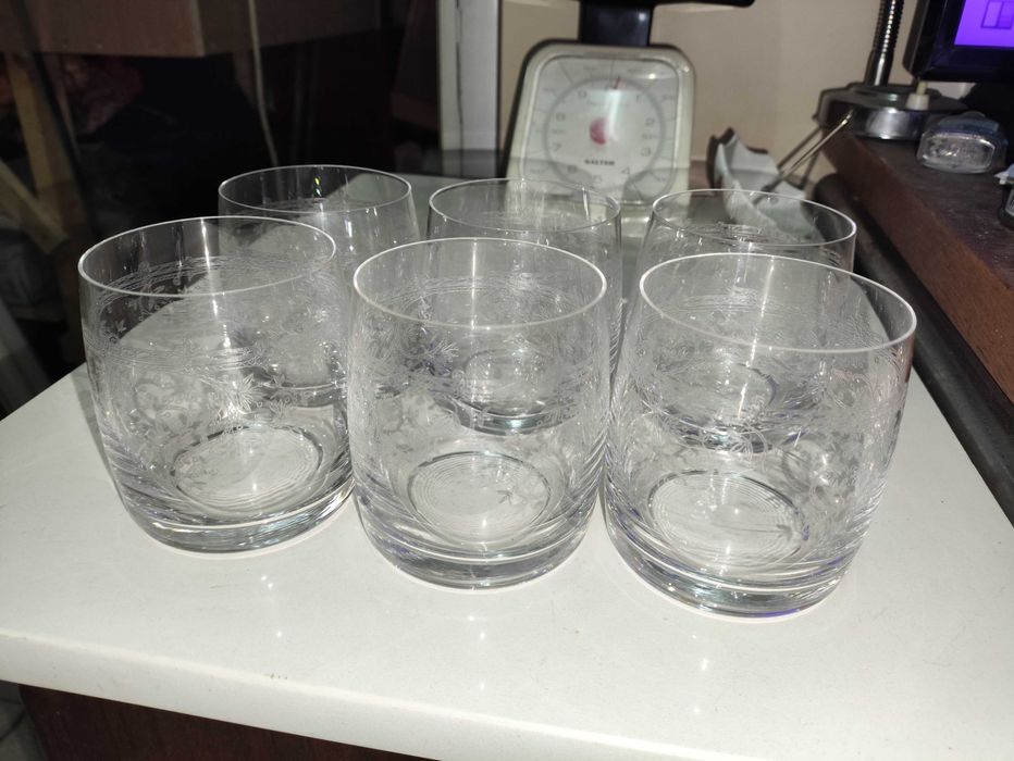 6 Antigos Vintage copos de Cristal gravado