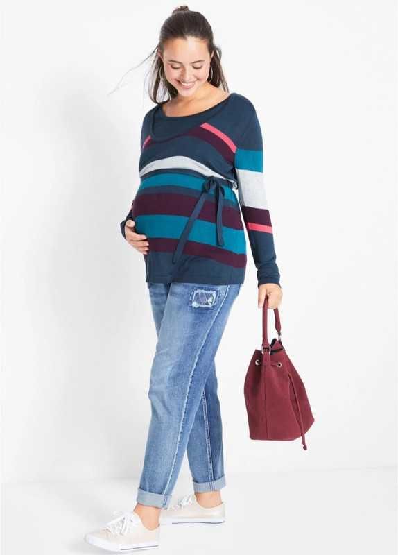 Cienki dzianinowy sweter ciążowy do karmienia kolorowy BonPrix paski