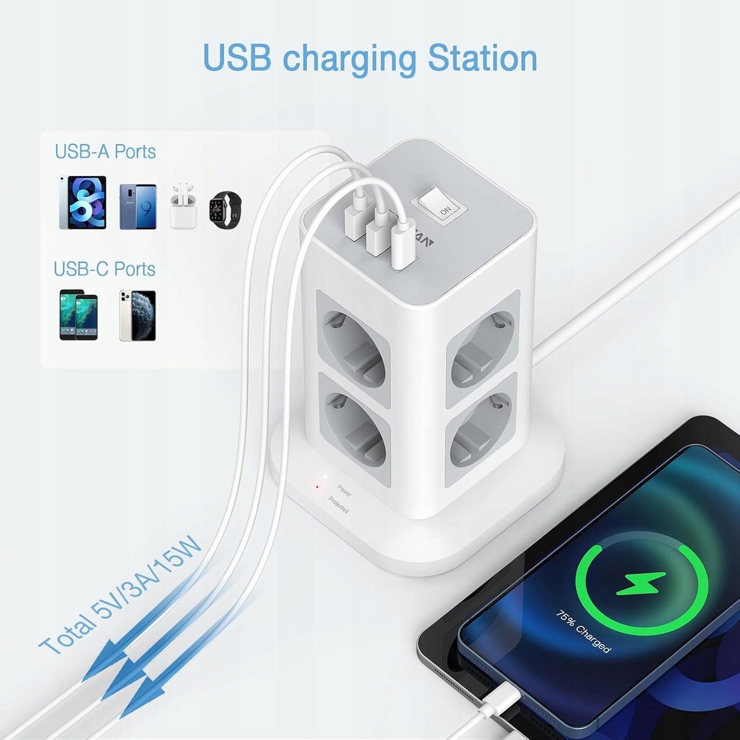 Listwa stojąca KOMPAKTOWA Tessan 8xAC 2xUSB-A 1x USB-C 3600W 2M