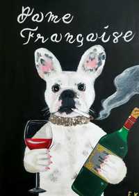 Obraz 50x70 duży podobrazie pies buldog wino