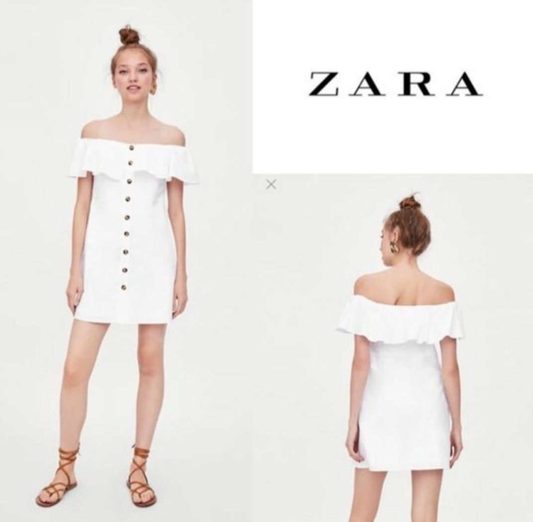 Шикарное нежное хлопковое платье Zara /мини с рюшами на плечах XS/S р.