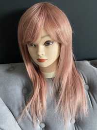Peruka włosy naturalne malezyjskie różowy blond grzywka wig