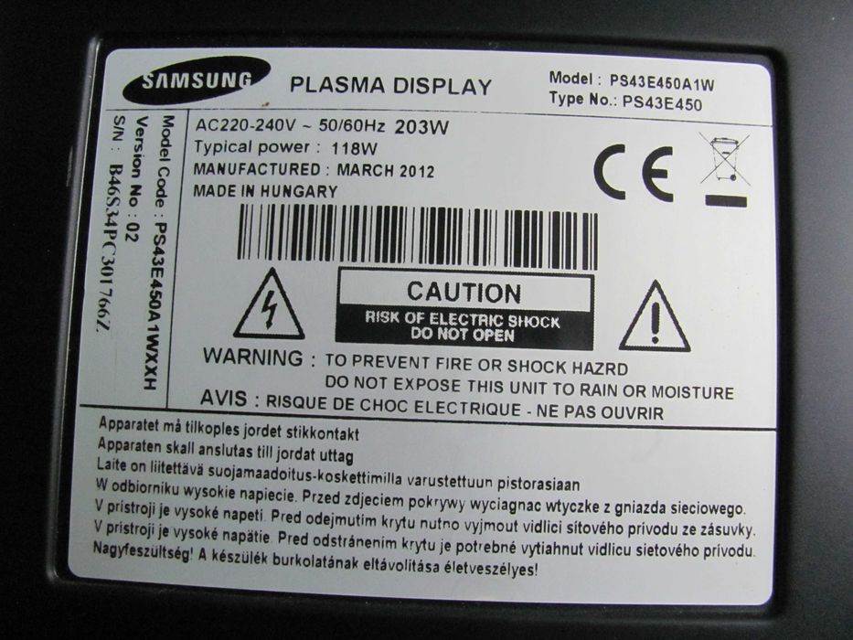 PS43E450 TV Samsung Plazma - uszkodzony           12-023a