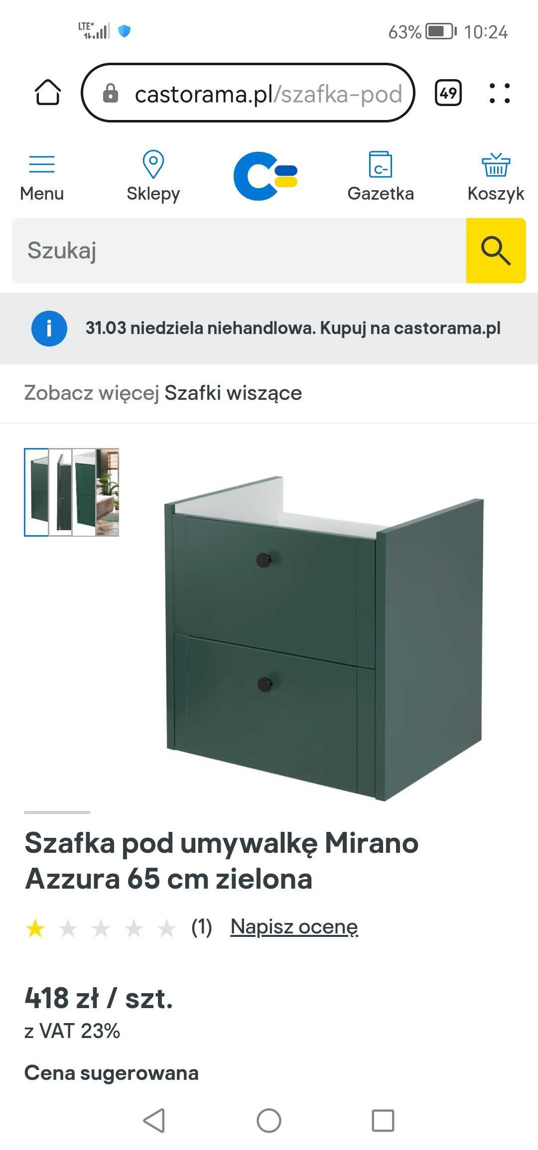 Umywalka z szafką zieloną lazienkową 65 cm