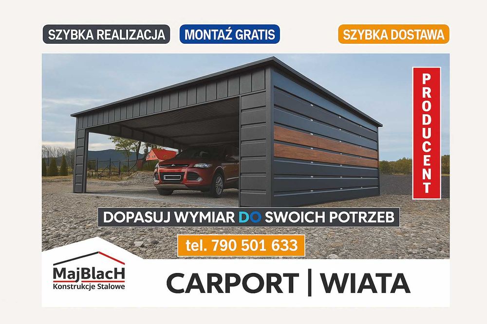 Ładny CARPORT - Wiata Samochodowa- ALTANA -Garaż Blaszany - Maj-Blach