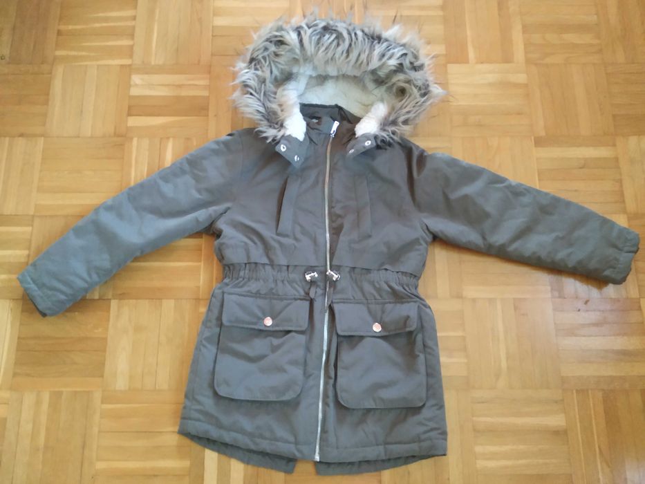 Parka khaki, dziewczęca długa kurtka zimowa H&M 134 cm