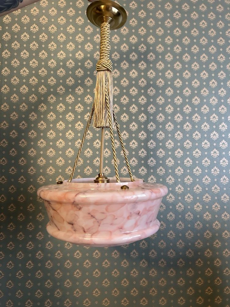Stara lampa wisząca żyrandol ampla art deco różowa antyk marmurek
