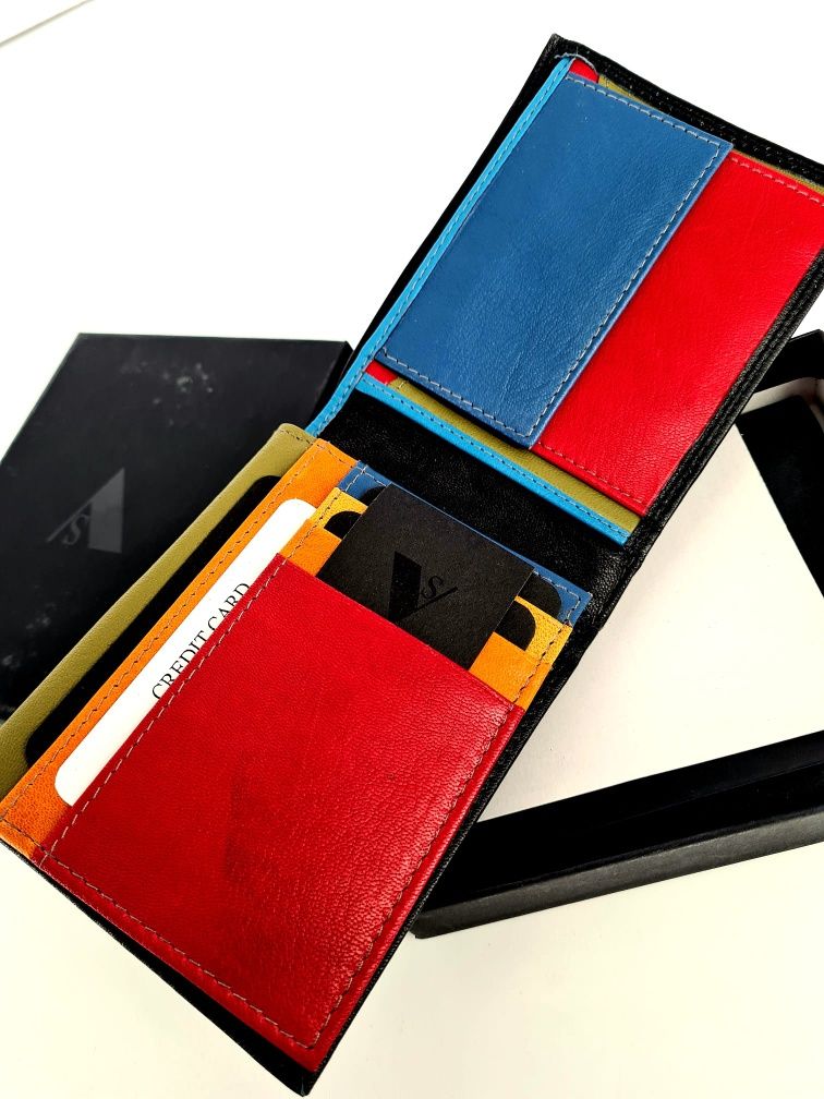 Skórzany portfel męski czarny wytrzymały nowy kolorowy środek