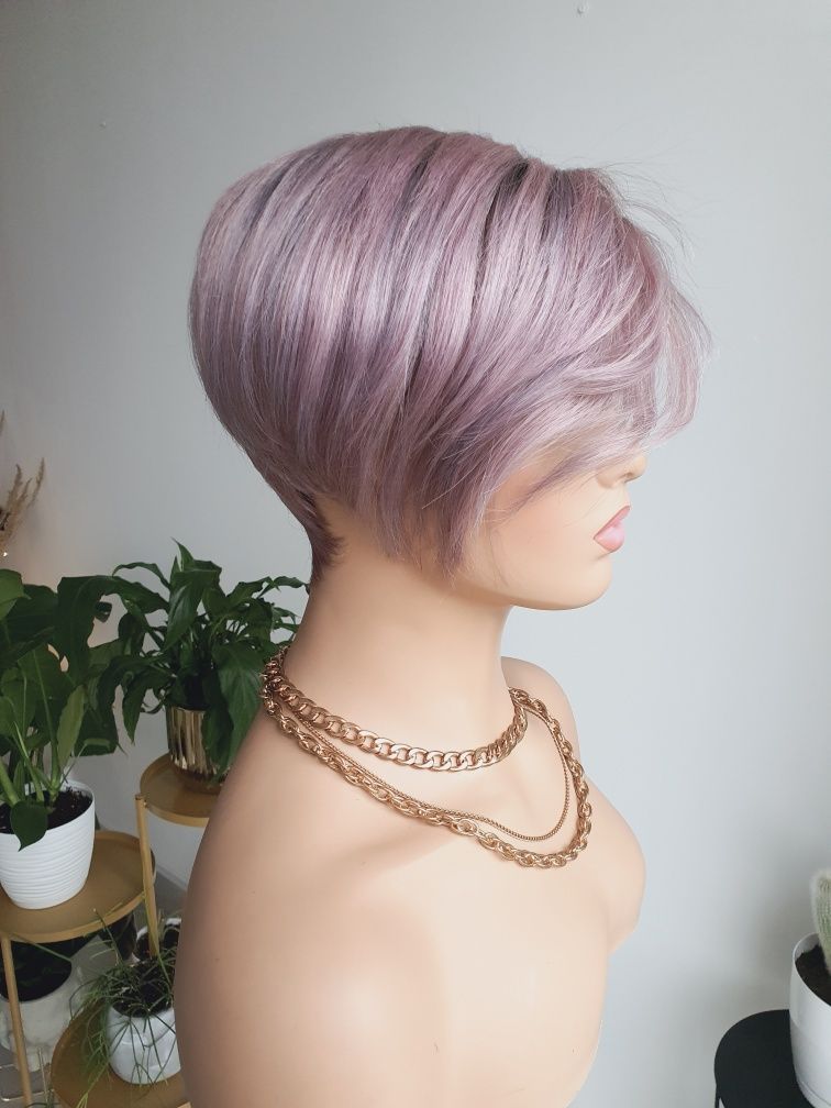 Peruka z włosów naturalnych blond szary fiolet pastelowy róż Felicja