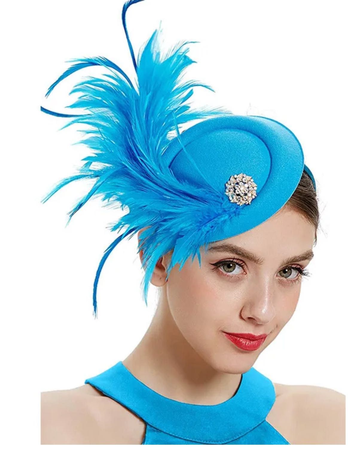 Błękitny toczek fascynator kapelusik spinka z piórami wesele bankiet