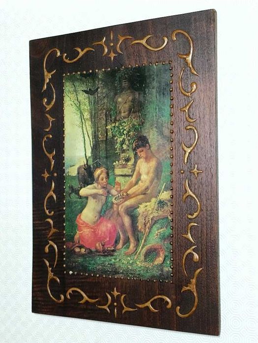 Quadro arte popular madeira com ilustração em papel