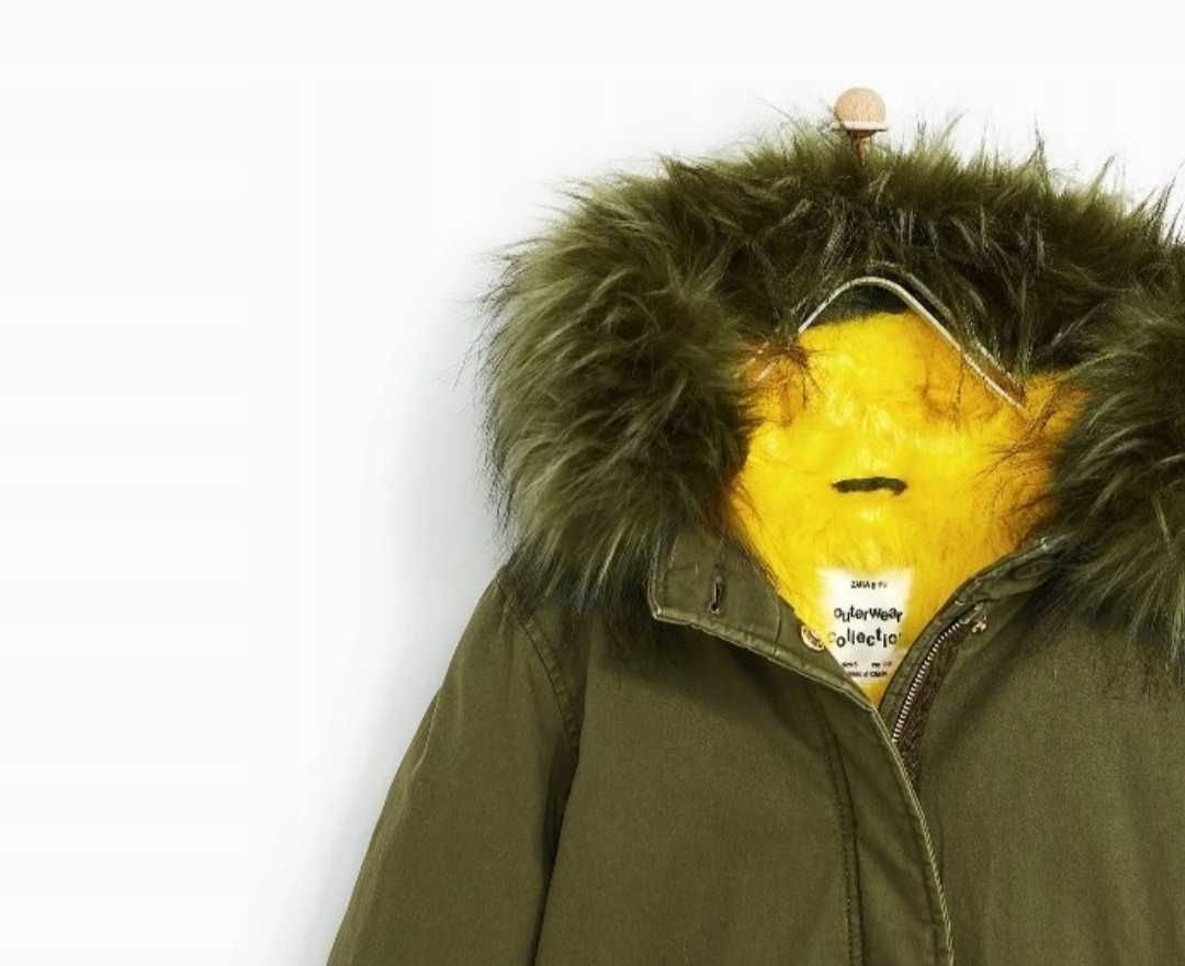 Zara 164 khaki parka futerko miś neon