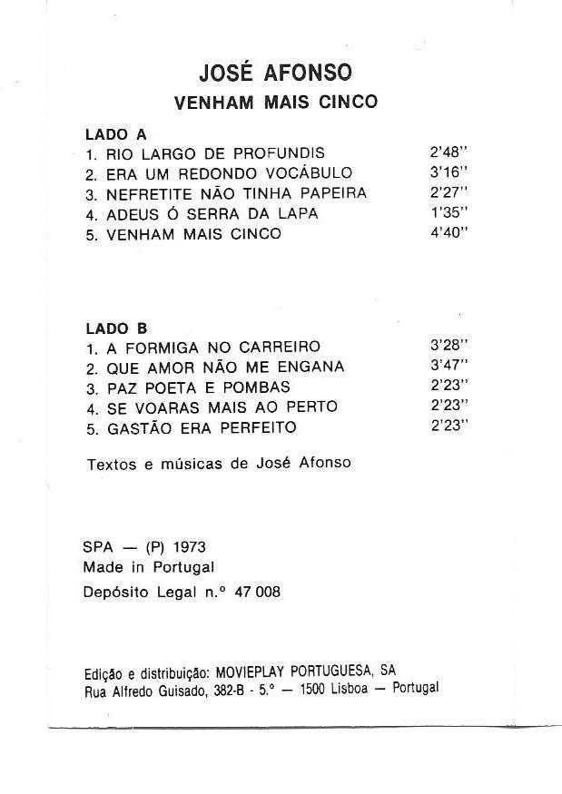 José Afonso	- - - - -		Venham Mais Cinco	- - - - -	K7