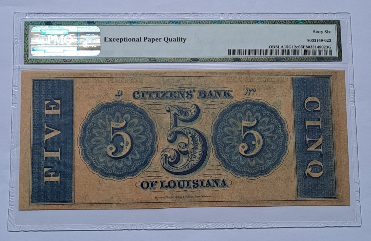 Piękny.Stary banknot USA $5 1850s-60s.PMG66.