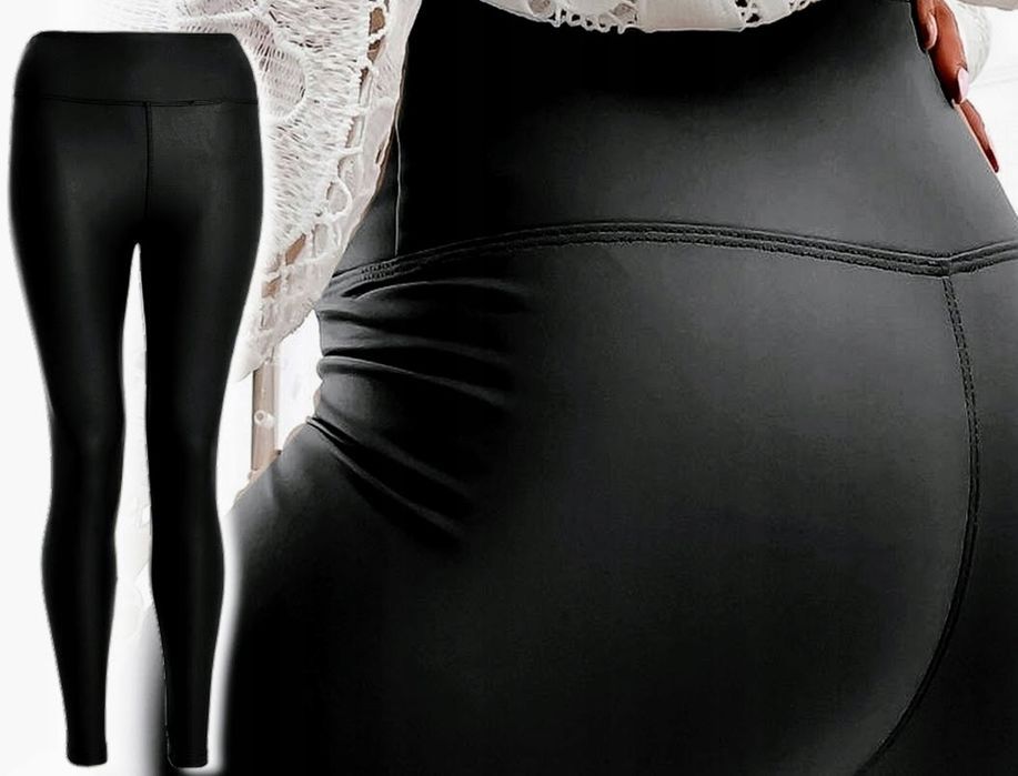 spodnie legginsy eko skóra wyszczuplające wysoki stan miego czarne s