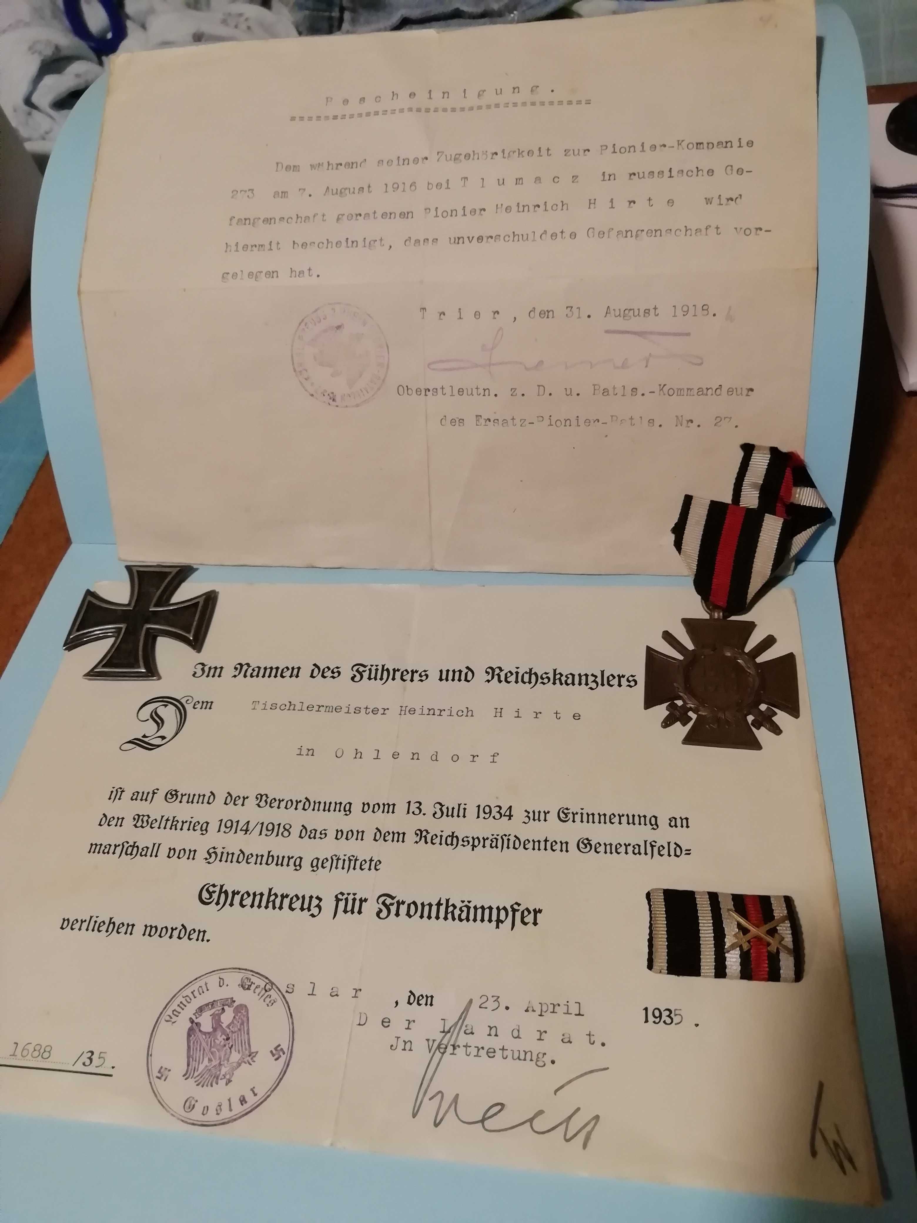 Lote Medalhas Cruz Honra+Cruz Ferro 2cl+Documento 1914-18 WW1 Alemanha