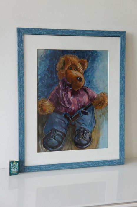 Miś w koszuli - ręczna sygnowana grafika w ramie obraz 54x44 cm szkło