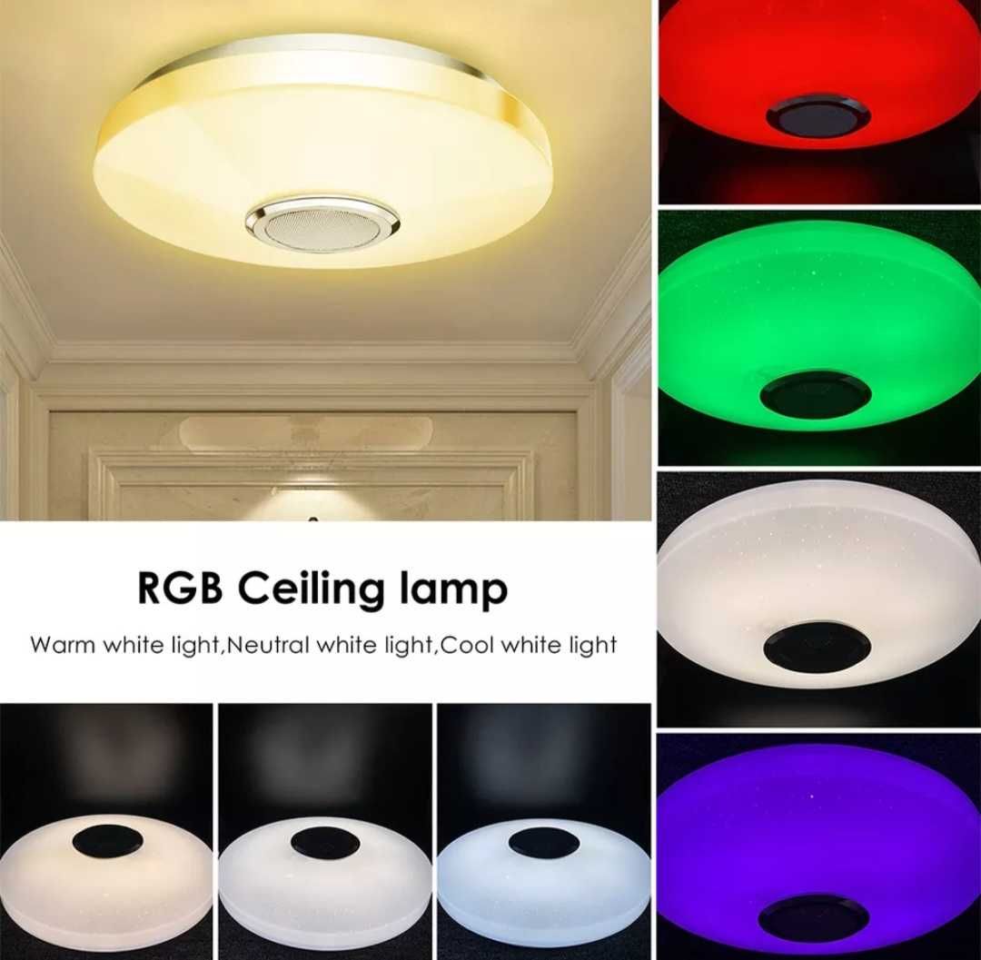 Led candeeiro teto rgb e coluna som bluetooth + app