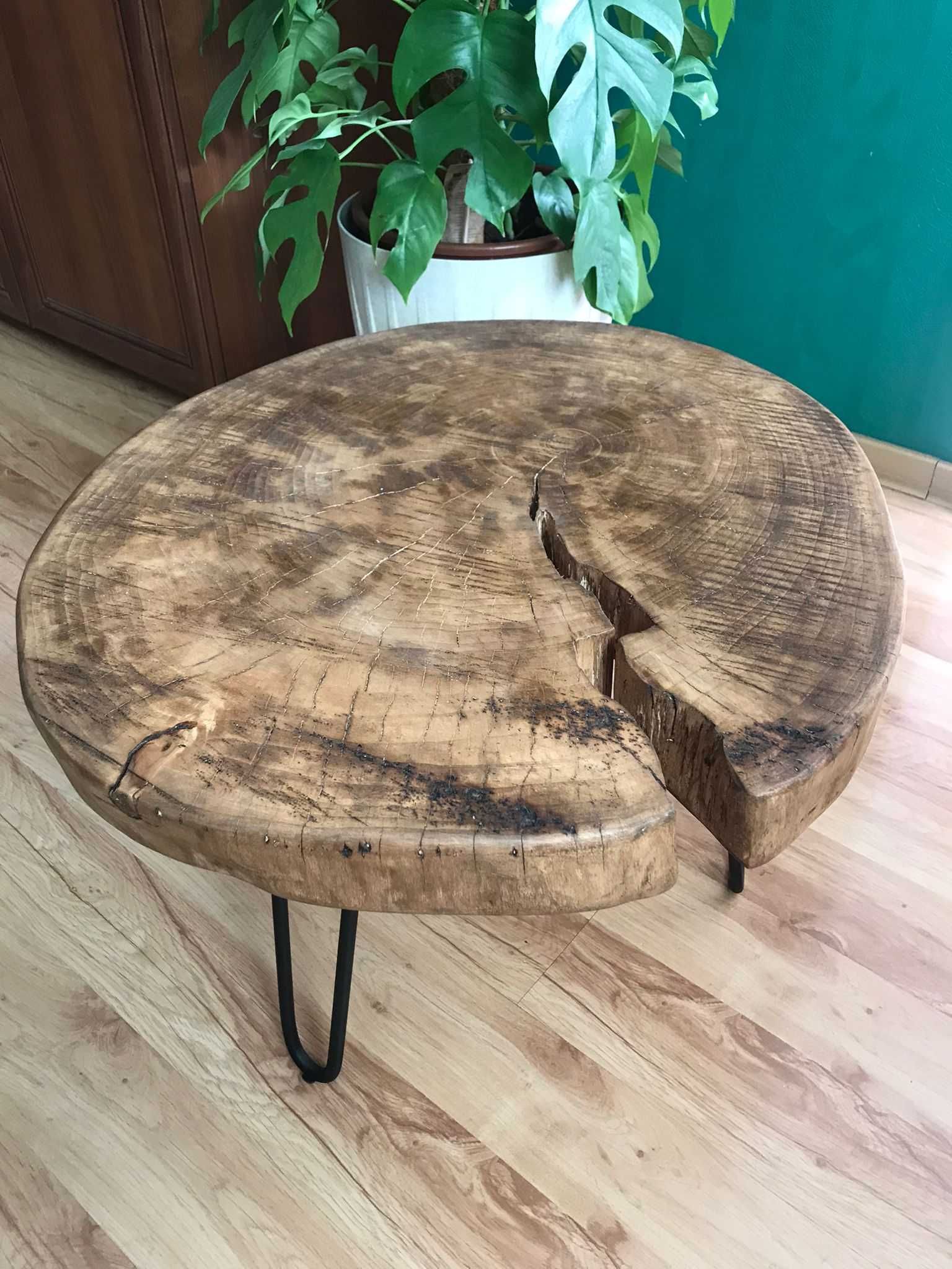 stół drewniany, stolik kawkowy okrągły z naturalnego drewna handmade