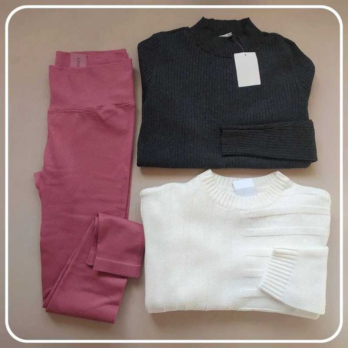 Sweter grafitowy szary + sweter kremowy + legginsy L