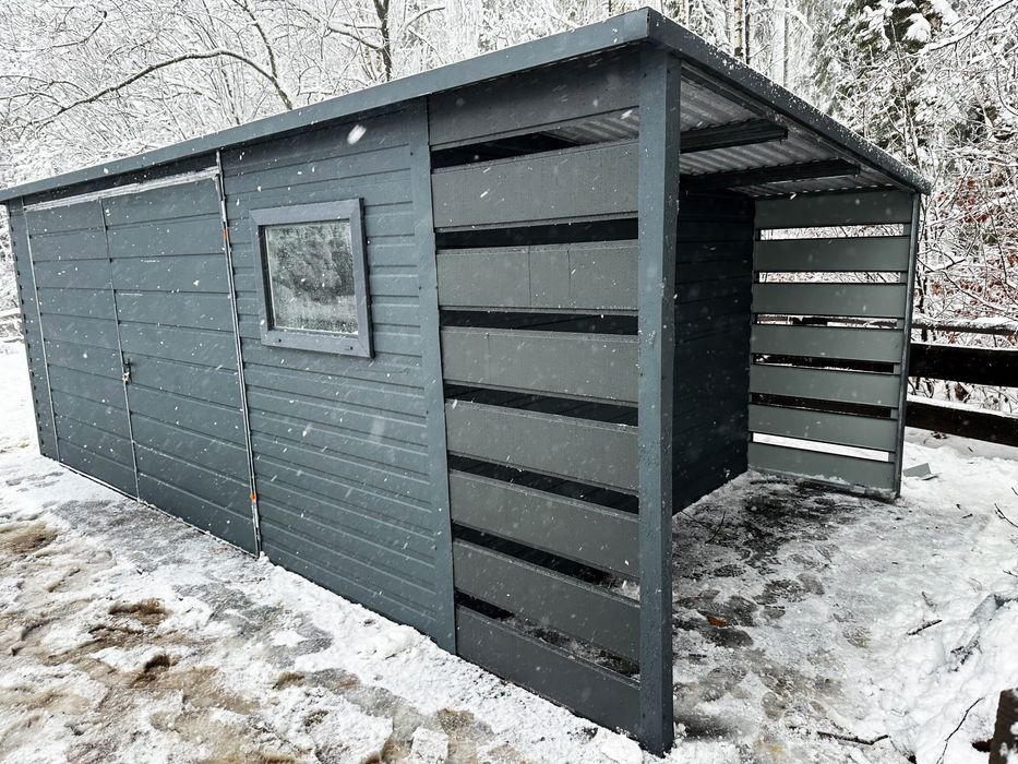 DOMEK OGRODOWY SCHOWEK Garaż 5X3 + Wiata Okno Drzwi Antracyt DG354