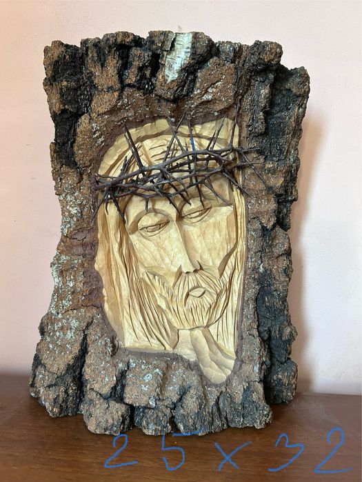 Jezus rzeźba twarz w drewnie sakralna ręczna robota drewno naturalne