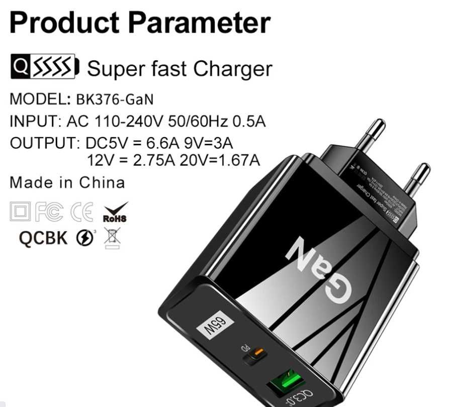 Зарядний пристрій 65W GaN Fast Charge Adapter (ноутбуки, смартфони)