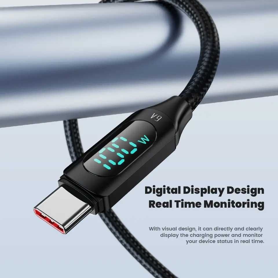Kabel Ładowania 2m USB-C USB-A 100W LED - Toocki Przewód Oplot Czarny