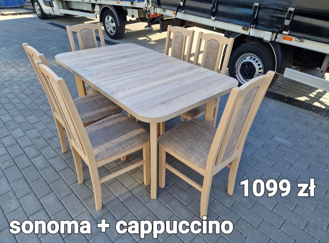 Nowe: Stół 80x140/180 + 6 krzeseł, sonoma + cappuccino,  od ręki !