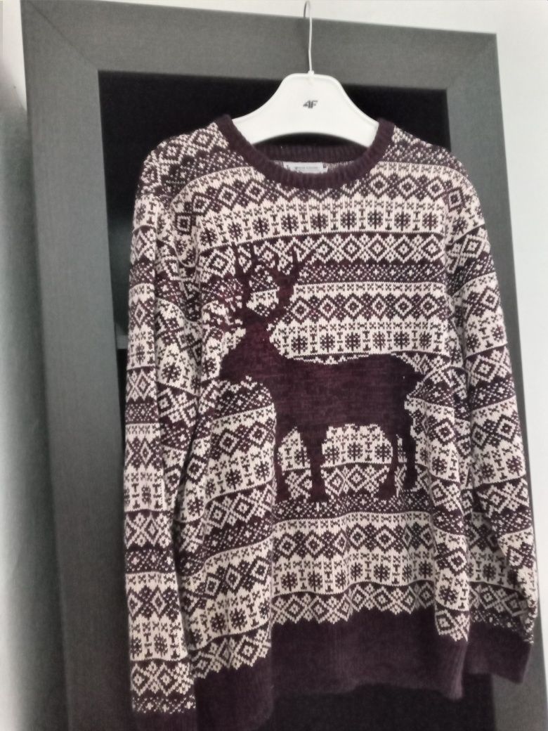 Świąteczny bordowy sweter męski L z jeleniem łosiem