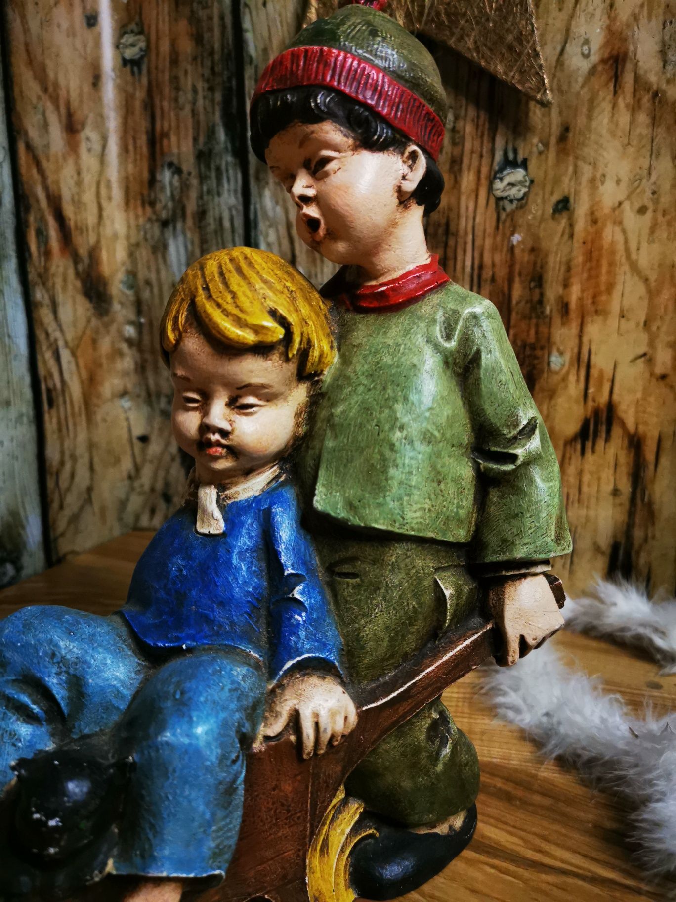 Figurka Achatit, święta Bożego Narodzenia, zima, sygnowana, kot dzieci
