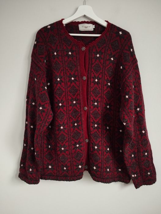 Ciepły sweter kardigan z wełny, bordo oversize  r. L
