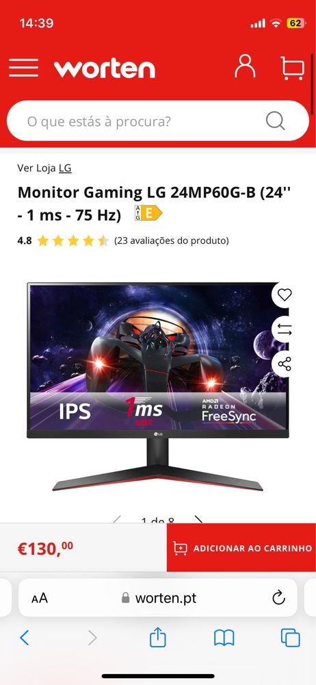 Monitor Gaming LG  24'' 75 Hz FATURA PCDIGA praticamente novo