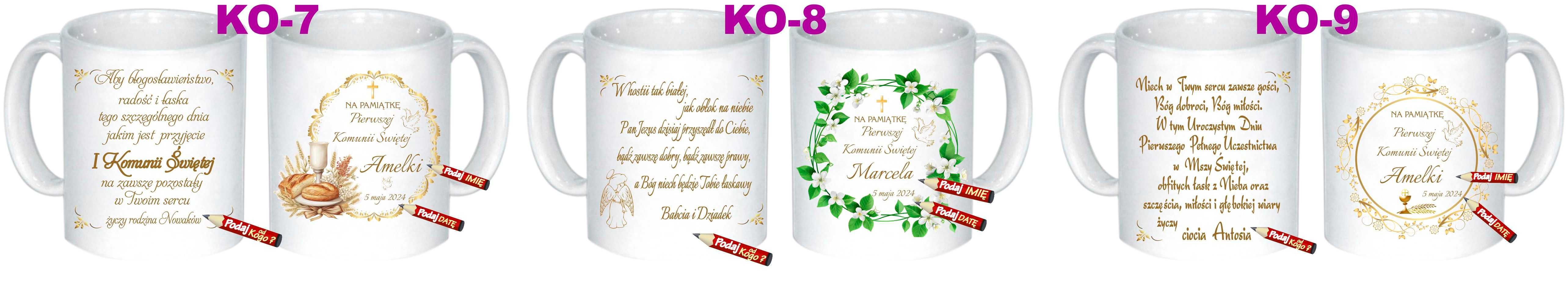 Kubek Pierwsza I Komunia Święta pamiątka imię z Imieniem WZORY