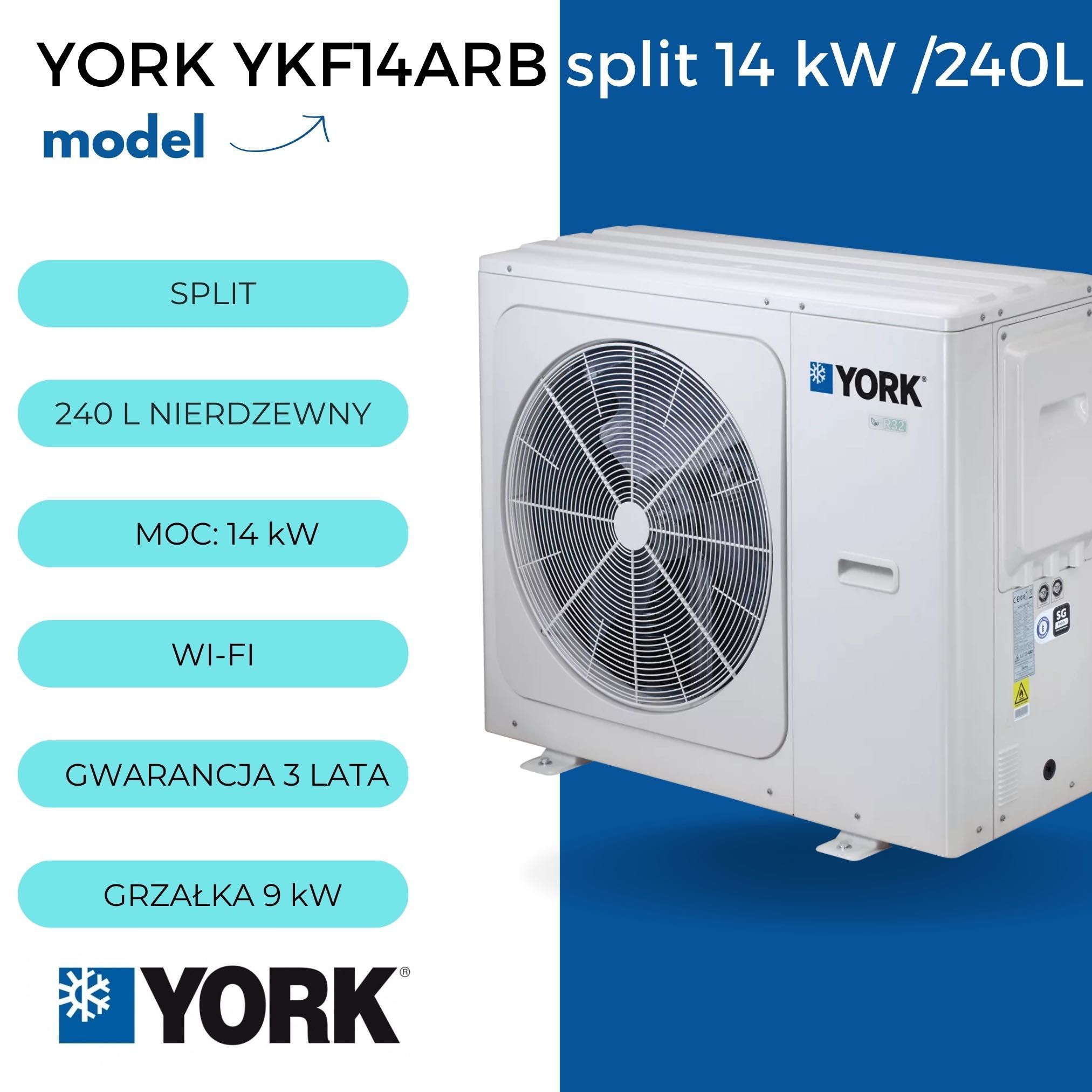 Pompa ciepła YORK 14 KW zasobnik 240 l. nierdzewny z montażem kotłowni