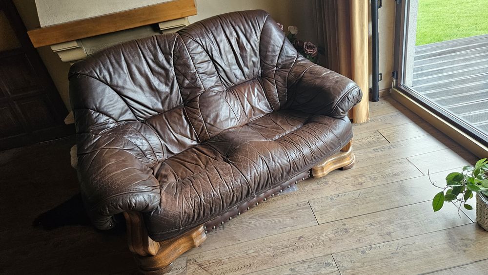 Komplet wypoczynkowy 3+2 skóra/dąb