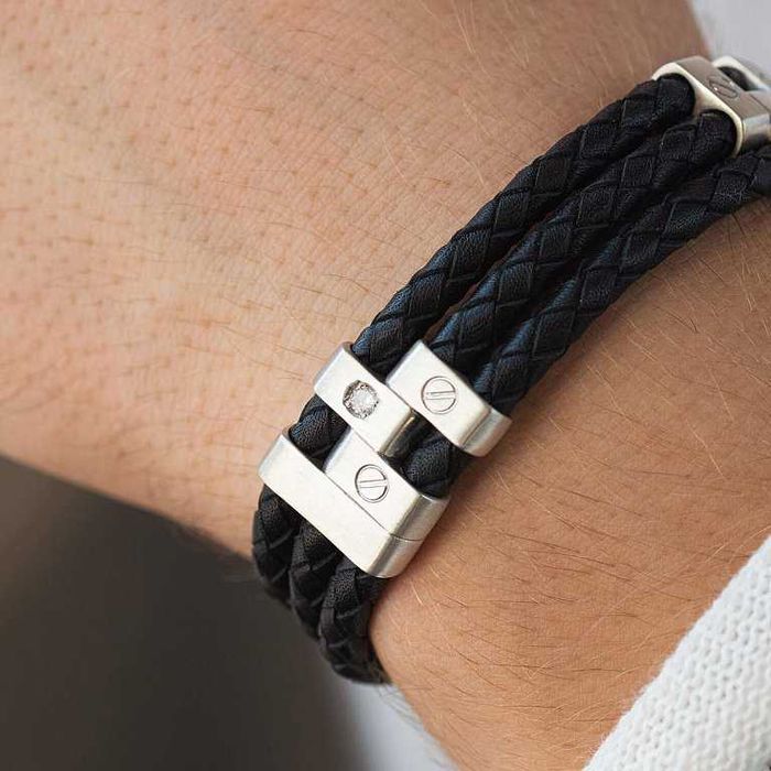 Мужской браслет серебряный кожа Чоловічий браслет срібло шкіра 19 20см