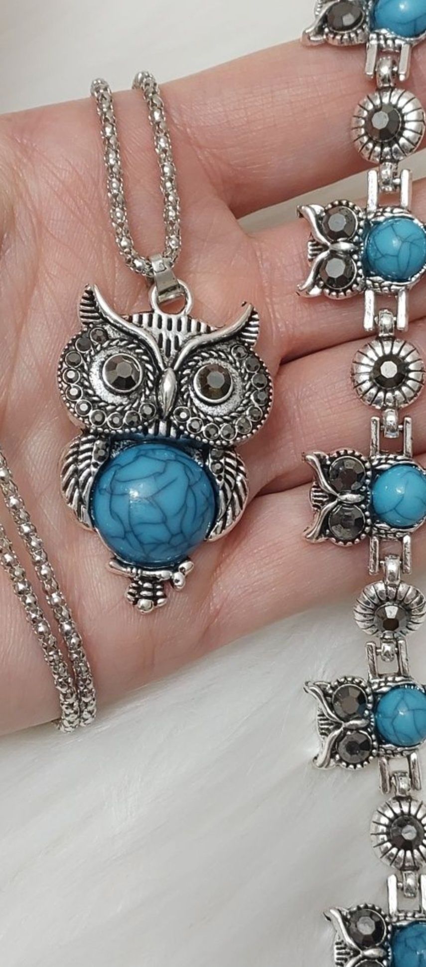 Srebrny komplet biżuterii sowy niebieskie oczko