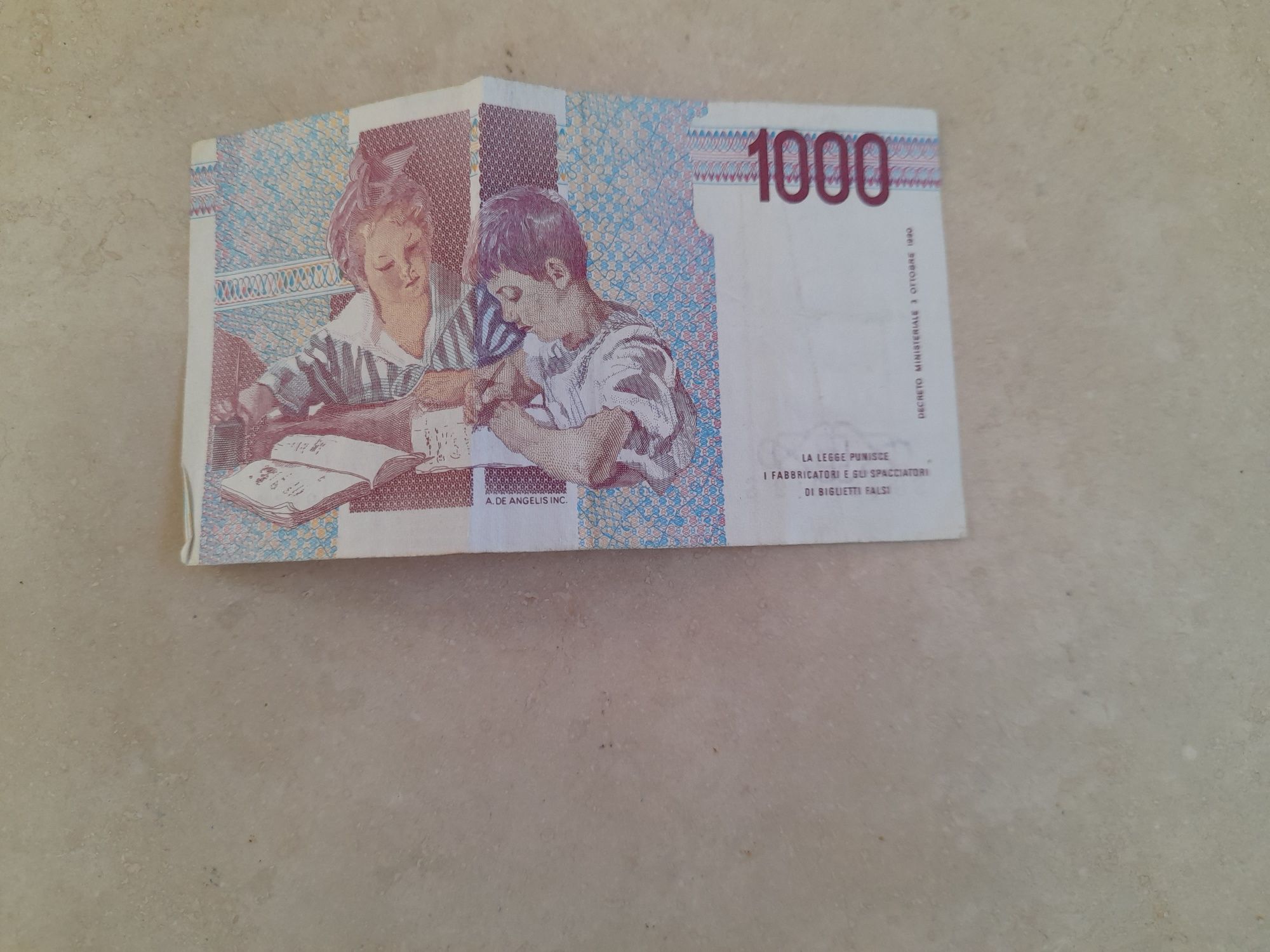 banknot 1000 lir (lire) 1990 r, banknot z Włoch, banknot  1000 lirów