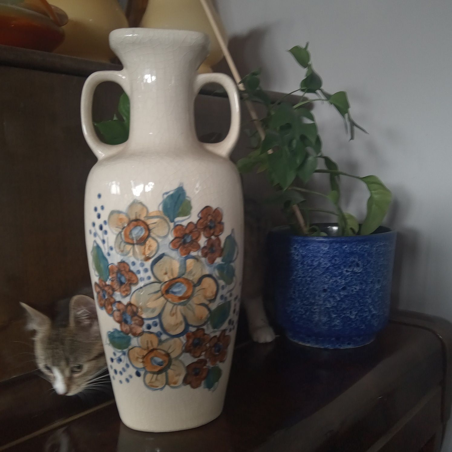 Wysoki wazon ceramiczny malowany amfora PRL Mirostowice