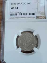 10 Pfennig 1923 WMG, Wolne Miasto Gdańsk, ngc ms 64