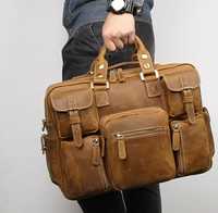 Кожаная сумка-портфель с ремнём через плече. Рыжая, темно коричневая