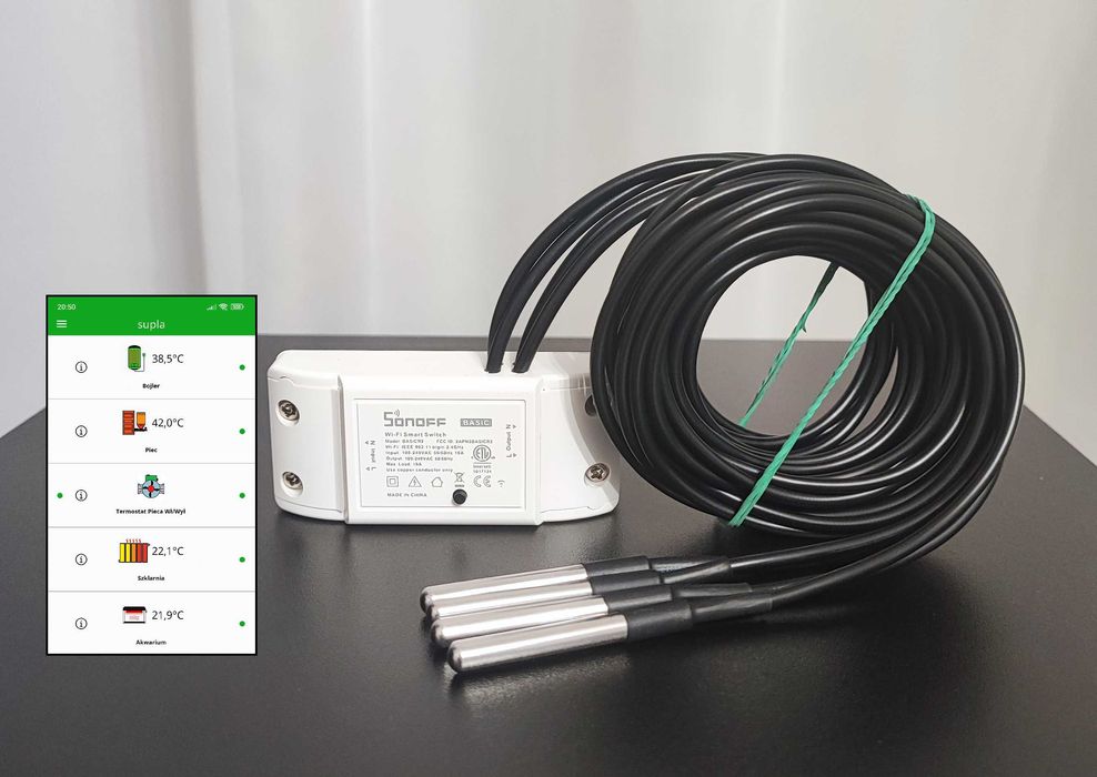 Sterownik WiFi Sonoff z 4 czujnikami temperatury po 3m, termostat