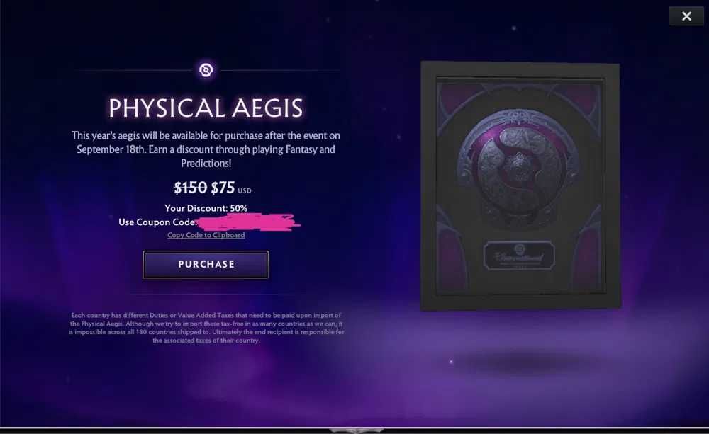 Продам 2 коди-знижки 50% для покупки Aegis TI14 (фізичний) dota 2