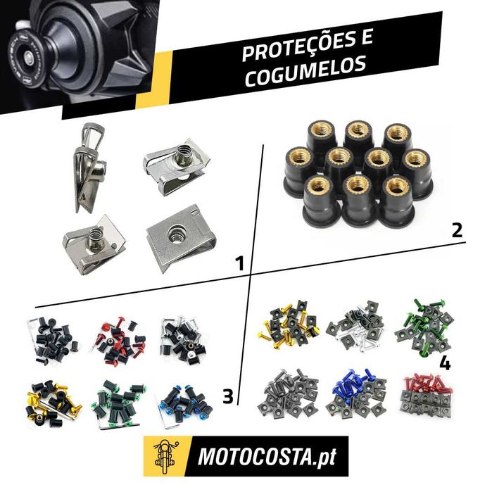 Proteções e Cogumelos Moto - Alumínio, Borracha e Molas - MOTOCOSTA