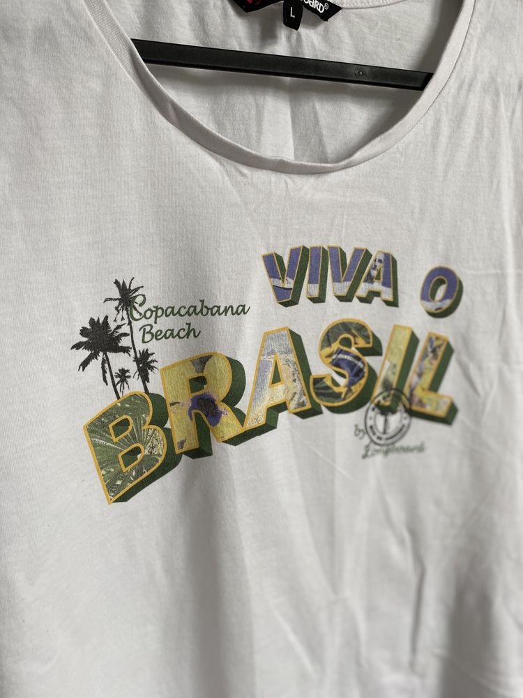 Biała bluzka z krótkim rękawem tshirt L Longboard bawełna z napisem