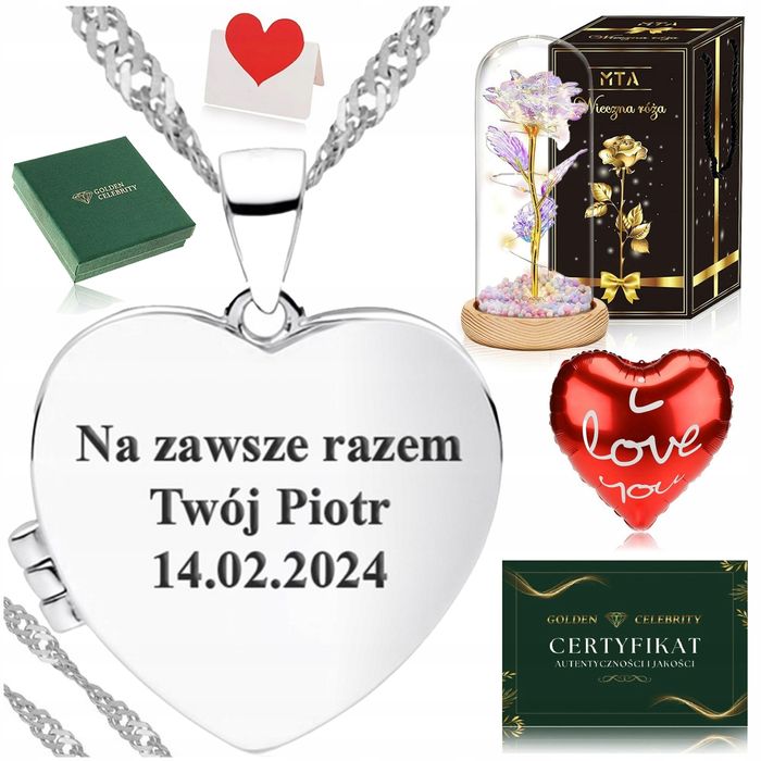 Srebrny Łańcuszek + Serce Otwierane Puzderko 925 + Róża Wieczna Led Pr
