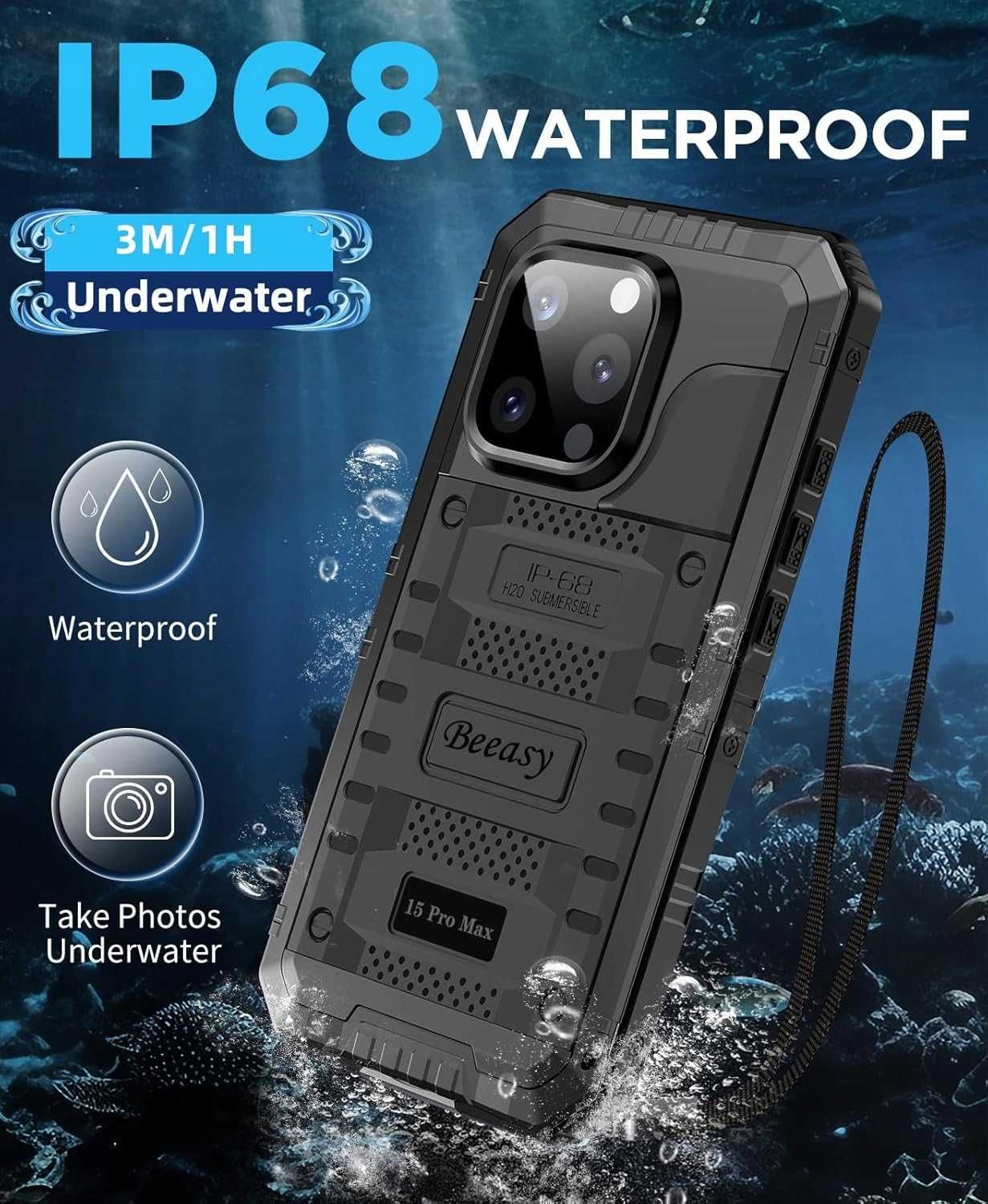 Beeasy etui wodoodporne iPhone 15 Pro Max etui metalowe 360 pancerne